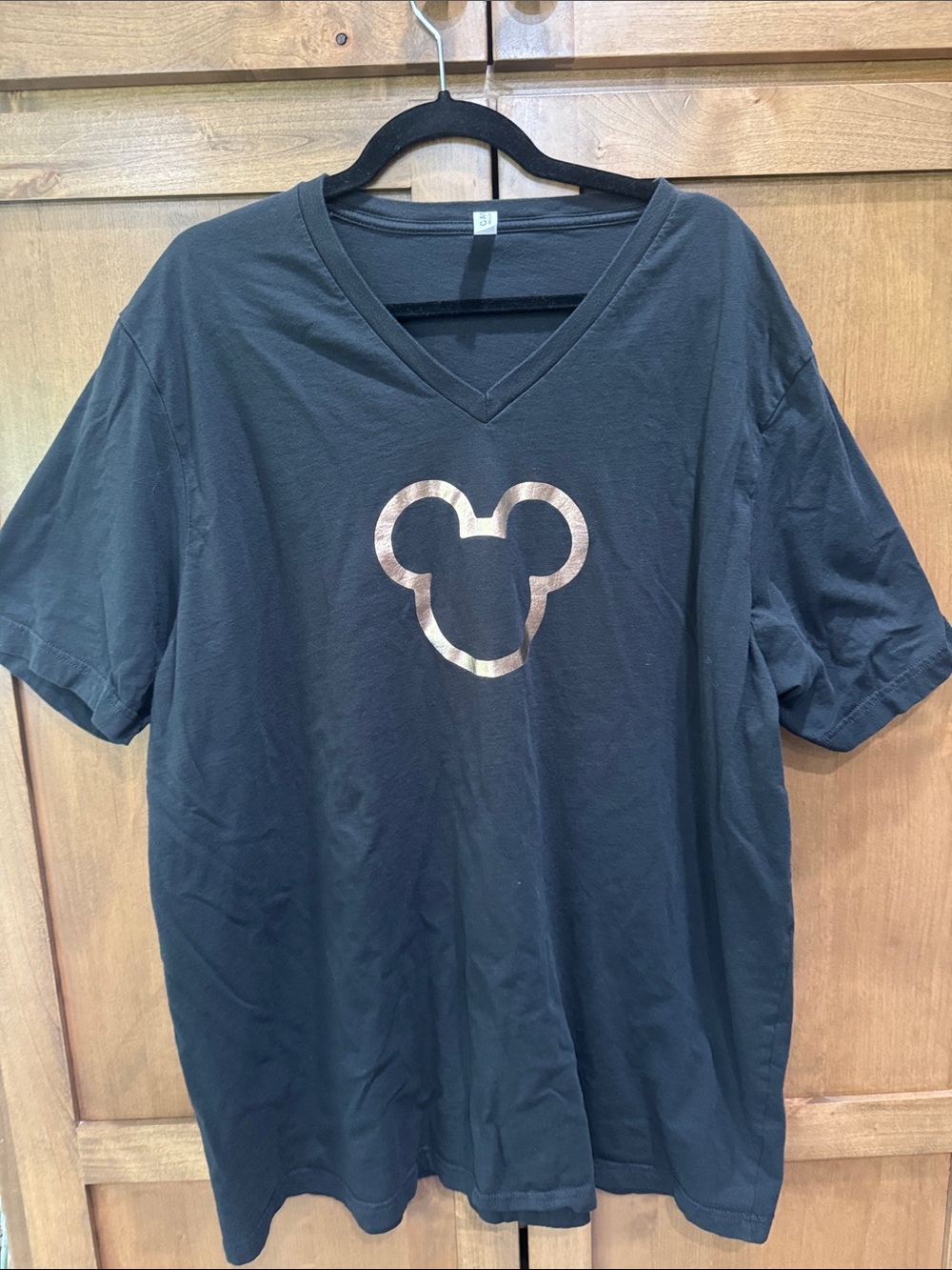 2X Black V-Neck Tee with rose gold Metallic Mickey Mouse Bella Canvas